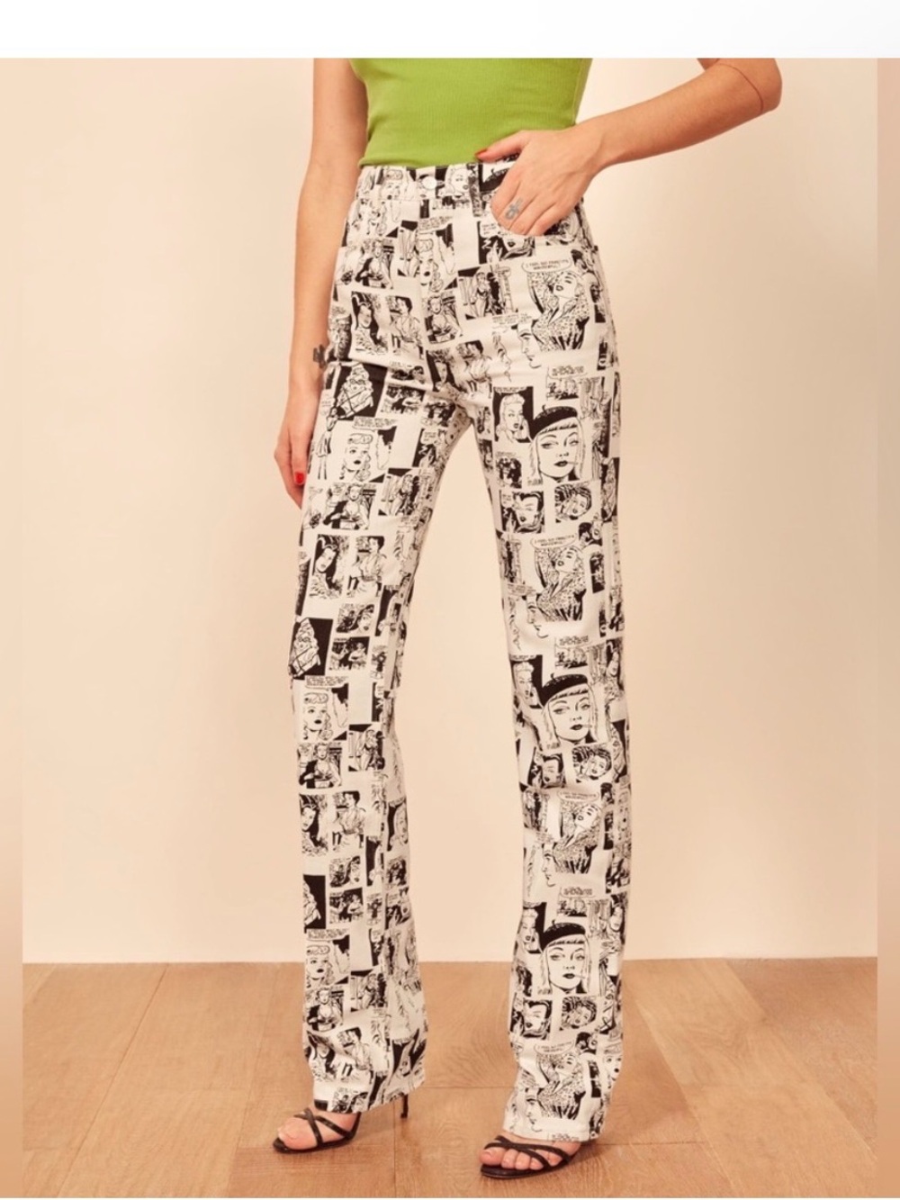 Reformation Black & White Comic Print Straight-Leg Jeans